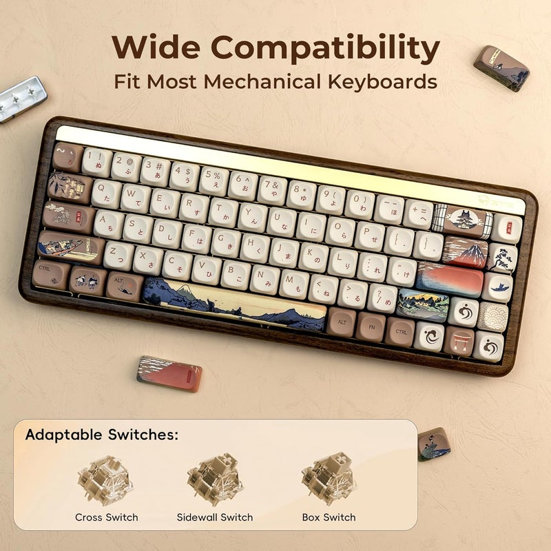OHY XVX MOA Profile Japanese Fuji Mountain Theme PBT Keycaps Set, 140-Key Coffee & Cream Custom Keycaps for US Layout Mechanical Keyboards (Brown/Beige Design with Key Puller) - Image 5